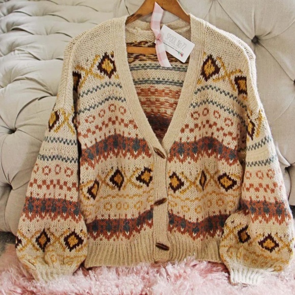 Sweaters - Patterned Beige Cardigan Sweater